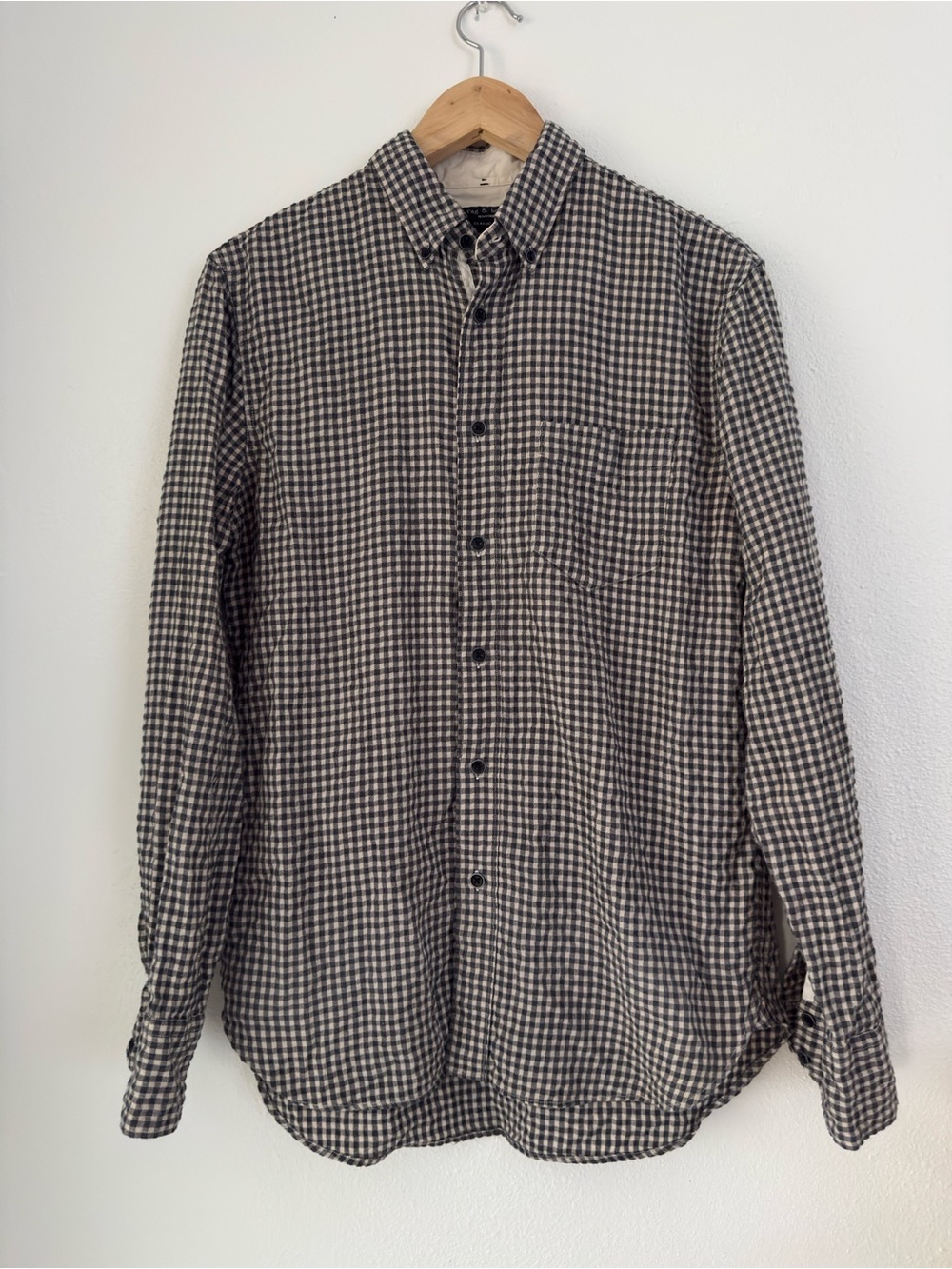 Rag & Bone Men’s L/S Puckered Flannel Button Down Shirt - Gray Beige Check - M